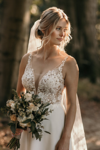 Bruiloftsfotografie: prachtige bruid met een lange sluier op het Springendal